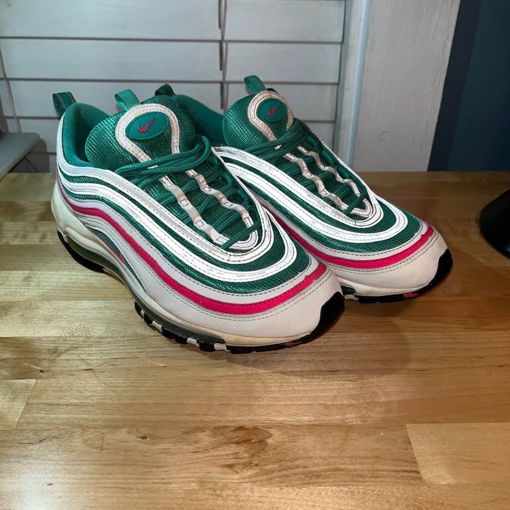 Nike Air Max 97 White, Green, and Pink Sneakers